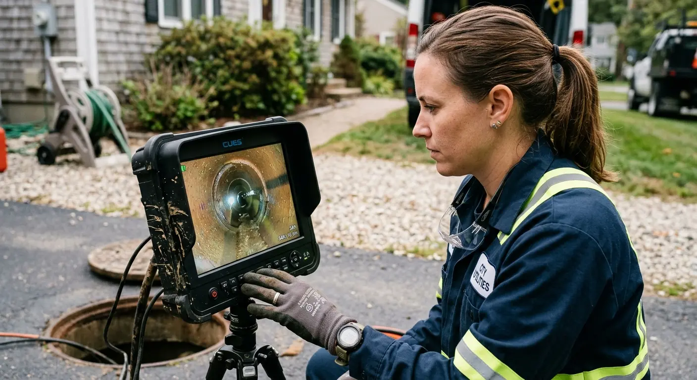 Technician reviewing sewer camera inspection footage in Fair Haven