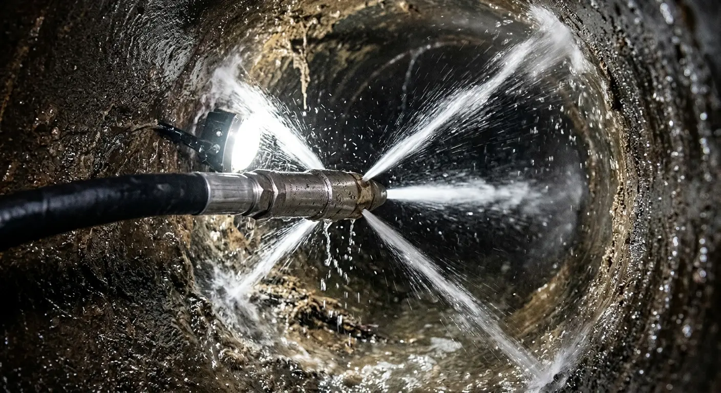 High-pressure hydro jetting nozzle cleaning sewer pipe for Sewer Line Relining in Fair Haven