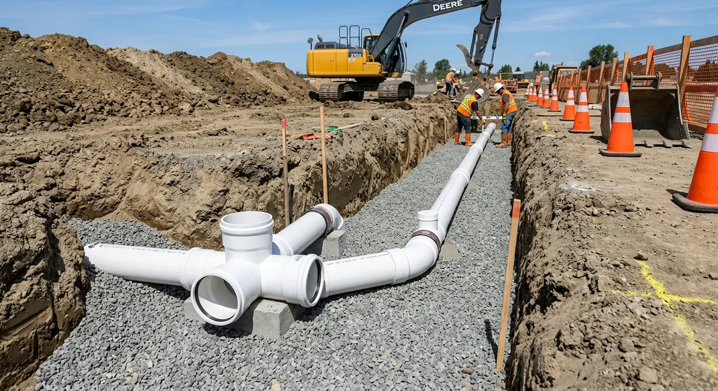 New PVC sewer pipe installation in open trench for Commercial Drain Cleaning in Fair Haven
