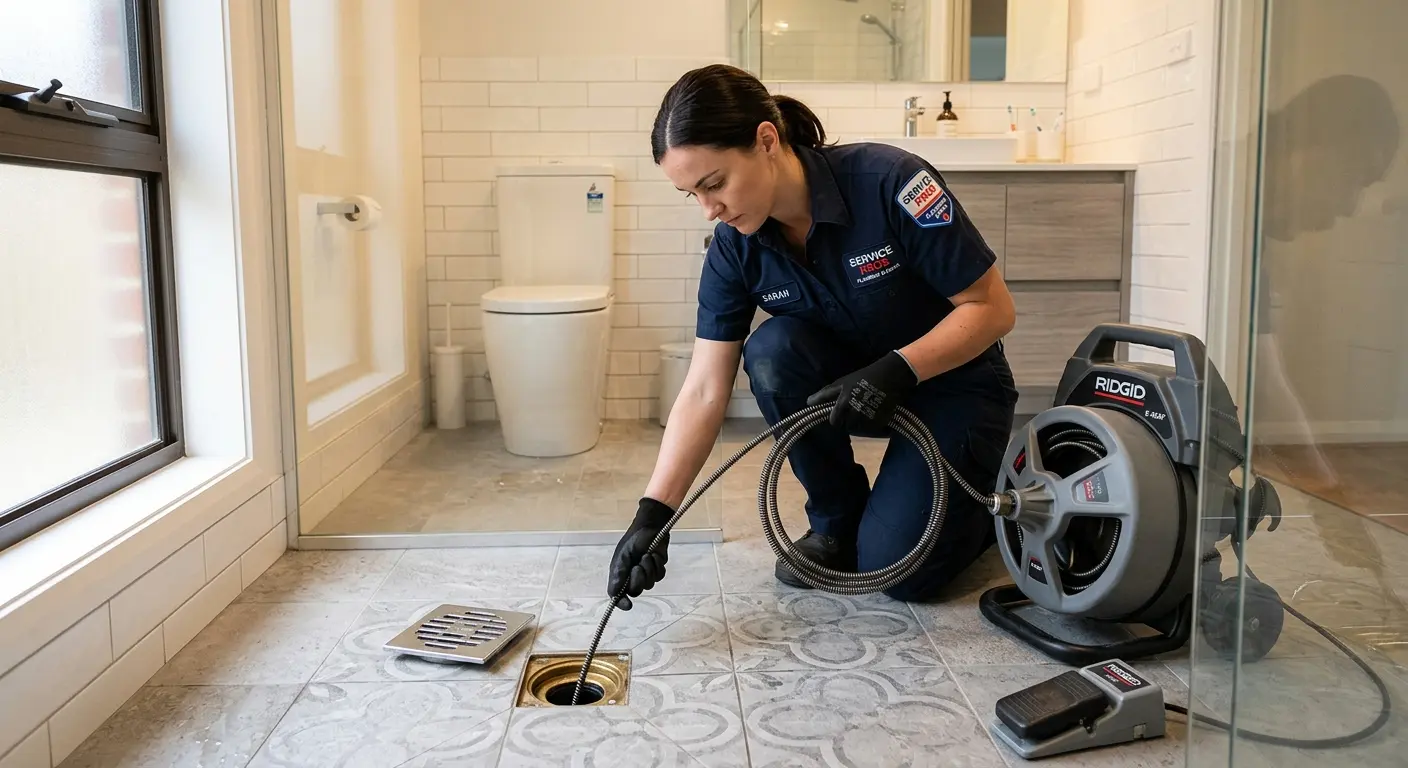 Technician clearing a bathroom floor drain for Clogged Drain Repair in Fair Haven